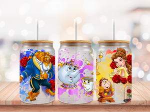 Beauty and the Beast 16oz Libbey Glass with Lid and Straw