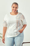 DOE & RAE - Mixed Media Off White/Mint Top (Curvy/Plus Size)